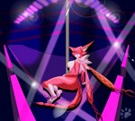 anthro back_tuft breasts butt chest_tuft cross_pupils dancing exotic_dancer featureless_breasts female fur looking_at_viewer markings orange_body orange_fur pole pole_dancing presenting presenting_hindquarters purple_markings red_eyes side_boob solo strip_club stripper_pole tuft loupinlieber bandai_namco digimon digimon_tri digimon_(species) felid feline mammal meicrackmon meicrackmon_vicious_mode