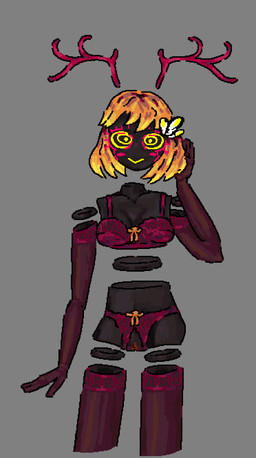 antennae_(anatomy) antlers blonde_hair blush breasts clothing eyelashes facial_markings female genitals hair head_markings horn lingerie machine markings smile solo standing vulva yellow_eyes tellsludge corru.observer bsteli_(corru.observer) humanoid robot thoughtform hi_res