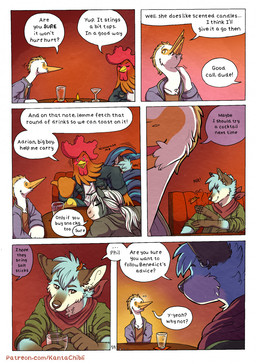 5_fingers anthro bar beverage black_nose blue_body blue_fur candle clothed clothed_anthro clothed_male clothing dialogue feathers fingers fur glass grey_body grey_fur group hoodie humanoid_hands kerchief male multicolored_body multicolored_fur neckerchief neckwear page_number red_body red_feathers shirt speech_bubble text topwear two_tone_body two_tone_fur white_body white_feathers white_fur kantachibli adrian_(kantachibli) benedict_(kantachibli) blue_(kantachibli) phillip_(kantachibli) avian bird canid canine chicken equid equine fox galliform heron horse mammal pelecaniform phasianid comic english_text hi_res url