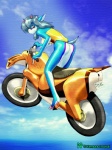 anthro blue_body clothing female inukai kemono motorcycle one-piece_swimsuit red_eyes solo swimwear vehicle kemono_inukai antelope bovid gazelle mammal yuki_(disambiguation) 3:4