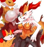 anthro big_breasts blush breasts cute_fangs evolutionary_family eyes_closed fangs featureless_breasts featureless_crotch female feral genitals group huge_breasts male open_mouth penis teeth shiroepsilon nintendo pokemon braixen canid delphox fennekin generation_6_pokemon mammal pokemon_(species) 2020