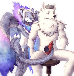 anthro back_wings balls big_penis black_nose blue_penis blue_wings brown_eyes chest_tuft duo fur genitals green_eyes grey_hair gynomorph hair intersex intersex/male leopard_spots lipstick makeup male masturbation multicolored_body multicolored_fur multicolored_hair multicolored_wings penetration penis purple_body purple_ears purple_fur purple_hair purple_lipstick purple_nose red_penis scar simple_background spots tail_on_penis tuft white_background white_balls white_body white_ears white_fur white_hair wings rispi canid canine canis domestic_dog felid feline leopard mammal pantherine hi_res