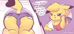 anthro big_breasts blonde_hair blush bottomwear breasts butt cleavage clothed clothing daisy_dukes denim denim_bottomwear denim_clothing denim_shorts dialogue female hair hotpants shirt shorts solo text topwear yellow_body thecoldsbarn nintendo pokemon generation_1_pokemon pikachu pokemon_(species) english_text hi_res