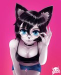 anthro black_ears black_hair black_nose blue_eyes breasts clothed clothing eyewear female glasses hair inner_ear_fluff looking_at_viewer open_mouth pince-nez pink_background simple_background simple_clothing solo tuft white_inner_ear sparkittyart sparkitty domestic_cat felid feline felis mammal hi_res watermark