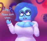 big_breasts blue_body blue_eyes blue_hair blue_skin breasts buckteeth cleavage clothed clothing curvy_figure female hair huge_breasts not_furry solo teeth text voluptuous unknown_artist disney inside_out pixar sadness_(inside_out) emotion_(inside_out) humanoid english_text grandfathered_content hi_res