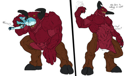 abdominal_bulge anthro belly bulge confident crouching detailed_bulge digestion digestion_implied duo face_imprint fatal fatal_vore flexing hand_on_head hooves implied_fatal imprint larger_pred male male_pred male_prey mouth_shot muffled muscular open_mouth oral_vore predator/prey prey_imprint prey_outline pushing size_difference soft_vore spread_legs spreading squatting_pose squirming stretchy_belly struggling struggling_prey tight_belly vore conditional_dnp samagthrav2 doom_(series) id_software microsoft blu_(bludoe) baron_of_hell deer demon mammal absurd_res hi_res