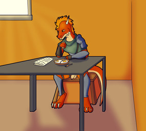 anthro armor balls barefoot bored bottomless bottomless_male bread casual_exposure chair cloak clothed clothing countershading crotchless_clothing cutlery eating eating_food feet food foreskin fork fried_egg furniture genitals glans hair holding_food holding_object humanoid_genitalia kitchen_utensils male on_chair orange_eyes orange_hair partially_retracted_foreskin penis reading reading_newspaper red_body sitting sitting_at_table sitting_on_chair solo table tail tools fyreblazes zaw_(fyreblazes) kobold scalie hi_res