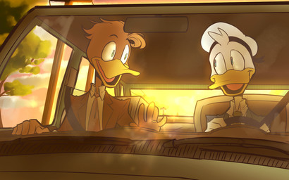 5_fingers anthro beak blue_eyes brown_body brown_feathers business_suit car clothing digit_ring duo eye_contact eyebrows feathers fingers green_eyes hair inside_car inside_vehicle jewelry looking_at_another male male/male necktie painted_background ring suit sunset tongue vehicle wedding_ring white_body white_feathers yellow_beak volcanicfires disney ducktales donald_duck fenton_crackshell anatid anseriform avian bird duck 16:10 widescreen