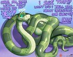 2018 abdominal_bulge after_vore angry artist_name body_inside_body dialogue english_text female feral green_body green_eyes green_scales halo patreon patreon_logo python reptile scales scalie scott_calico snake solo text the_jungle_book url vore