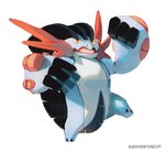 ambiguous_gender blue_body looking_at_viewer on_one_leg open_mouth simple_background solo standing text white_background yellow_sclera bluekomadori nintendo pokemon generation_6_pokemon mega_evolution mega_swampert pokemon_(species) 2014 hi_res url