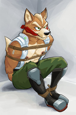 angry anthro arms_tied bite_mark_on_chest black_nose blush blush_lines bottomwear bound brown_body brown_ear_tips brown_fur brown_nipples clothing dipstick_ears ear_markings erect_nipples fur gag gagged green_bottomwear green_clothing green_eyes green_pants hands_behind_back legs_tied male markings multicolored_ears nipples pants rope solo tan_body tan_fur scootscahoots nintendo star_fox fox_mccloud canid canine fox mammal 2026 digital_drawing_(artwork) digital_media_(artwork) english_description hi_res