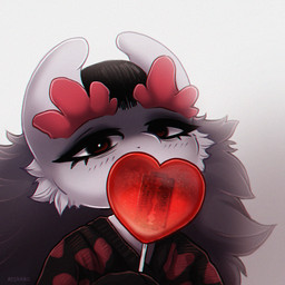 ambiguous_gender anthro black_hair candy clothed clothing dessert food fur grey_body grey_fur hair heart_symbol holidays horn lollipop looking_at_viewer razor_blade simple_background solo sweater text topwear reskaro valentine's_day reskaro_kern_(reskaro) unknown_species 1:1 artist_name female_(lore)