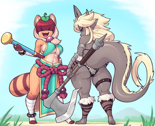 4_toes 5_fingers anthro armor armwear asian_clothing axe bandage bangs big_breasts black_body black_eyes black_fur blonde_hair bottomwear bracelet breasts brown_hair butt butt_pose cleavage clothed clothing cloud dark_body dark_skin dress duo east_asian_clothing elbow_gloves feet female fingers front_view fur gloves hair hair_over_eyes handwear horn japanese_clothing jewelry leaf leaf_on_head legband legwear long_ears long_hair long_tail markings melee_weapon open_mouth paws pose rear_view red_body red_fur red_hair ring_(marking) ringed_tail rope short_hair shorts shortstack side_boob sky small_feet smile squish staff striped_markings striped_tail stripes tail tail_markings thick_tail thick_thighs thigh_squish thighband toes unconvincing_armor under_boob weapon wide_hips nighthead skecchiart zanamaoria lunar_regalia mythology dandan oria_(zanamaoria) ailurid canid canine dragon humanoid mammal mythological_creature mythological_scalie raccoon_dog red_panda scalie tanuki 2019 digital_media_(artwork) hi_res