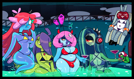 1_eye alternative_fashion anthro beverage big_breasts big_butt bikini breasts buckteeth bulge butt cartoon_freckles clothing collar container costume cup drinking_glass ear_fins electronics eyelashes eyes_closed featureless_feet featureless_hands feet female fin fishnet_clothing footwear freckled_face freckles glass glass_container glass_cup goth group gynomorph hair hair_over_eye half-closed_eyes headphones high_heels horn intersex leg_markings lips long_eyelashes long_hair long_neck machine markings micro mole_(marking) mole_under_mouth narrowed_eyes overweight red_eyes resting_bitch_face robot_suit sharp_teeth shocked shoes short_hair skull_and_crossbones slightly_chubby slightly_chubby_anthro slightly_chubby_gynomorph slightly_chubby_intersex smile surprised swimming_pool swimwear tail teeth thick_lips translucent translucent_body two-piece_swimsuit yellow_sclera somescrub nickelodeon spongebob_squarepants annie_soapsuds briny_waters fan_character goopi_pines susie_reefwell anglerfish aquatic cyclops fish goo_creature hare humanoid lagomorph leporid mammal mutant_humanoid plankton_(species) rabbit robot hi_res