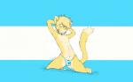 anthro argentina biped blonde_hair blue_eyes clothing collar ear_piercing fur hair heart_symbol kneeling male piercing solo thong underwear yellow_body yellow_fur kiwa_flowcat kiwa_biscuitcat domestic_cat felid feline felis mammal 16:10 digital_media_(artwork) widescreen