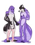 anthro artist_initials biped black_body black_nose body_swap bulge_rubbing claw_fingers claw_toes clothing countershade_face countershade_fur countershade_neck countershade_scales countershade_torso countershading duo featureless_chest front_view fur glistening glistening_arms glistening_body glistening_clothing glistening_legs glistening_tail goo_suit goo_transformation green_eyes hand_holding hand_on_own_chest latex latex_body latex_clothing latex_skinsuit legwear looking_down_at_self male nude null_bulge open_mouth plantigrade puddle purple_body purple_countershading purple_eyes scales simple_background skinsuit snout species_transformation standing thigh_highs three-quarter_view tight_clothing transformation twinning white_background white_body white_countershading year blackshirtboy canid canine canis domestic_dog husky mammal nordic_sled_dog reptile scalie snake spitz 2020 colored hi_res shaded