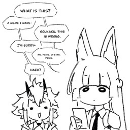 accessory bangs clothed clothing collared_shirt dialogue dot_eyes duo electronics female fingerless_gloves gloves hair handwear holding_object holding_phone horn long_ears long_hair necktie not_furry phone shirt simple_background simple_eyes speech_bubble tail text topwear the_freakin_yui asian_mythology east_asian_mythology japanese_mythology mihoyo mythology zenless_zone_zero hoshimi_miyabi soukaku animal_humanoid canid canid_humanoid canine canine_humanoid demon demon_humanoid fox_humanoid horned_humanoid humanoid mammal mammal_humanoid oni tailed_humanoid thiren yokai 1:1 2024 digital_media_(artwork) english_text hi_res sketch