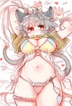 ahoge bedding big_breasts bikini blanket blush breasts capelet cleavage clothed clothing female grey_hair hair lying navel on_back red_eyes short_hair solo swimwear two-piece_swimsuit sabitare touhou nazrin animal_humanoid humanoid mammal mammal_humanoid mouse_humanoid murid murid_humanoid murine murine_humanoid rodent rodent_humanoid absurd_res hi_res