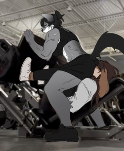 anthro black_bottomwear black_clothing black_hair black_pants black_topwear bodily_fluids bottomwear brown_body brown_fur brown_hair clothed clothing duo eyes_closed facesitting female floppy_ears fur grey_body grey_fur gym hair hair_bun leg_press long_hair male male/female mouth_closed pants photo_background shirt side_view sitting_on_another sweat topwear white_clothing white_shirt white_topwear cobu leg_press_redraw_(meme) canid canine mammal hi_res meme photography_(artwork)