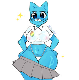 accessory anthro areola areola_outline arm_tuft arms_bent belly big_areola big_breasts big_iris big_nipples biped black_eyebrows black_markings blue_blush blue_body blue_ears blue_eyes blue_fur blush blushing_profusely bottomwear bottomwear_down breasts closed_smile clothed clothed_anthro clothed_female clothing collared_shirt dark_markings decorative_pin elbow_tuft eyebrows eyelashes facial_markings fangs female fingers front_view fur fur_tuft glistening glistening_arms glistening_belly glistening_body glistening_elbows glistening_eyes glistening_fur glistening_legs glistening_thighs grey_bottomwear grey_clothing grey_skirt hands_on_hips hands_on_own_hips head_markings huge_hips humanoid_hands iris light_areola light_body light_fur light_markings light_nipples looking_at_viewer markings mature_anthro mature_female mouth_closed muzzle_(marking) navel nipple_outline nipples no_pupils partially_clothed partially_clothed_anthro partially_clothed_female pin_accessory pin_button pink_areola pink_nipples pink_nose pleated_skirt pointy_ears pose prick_ears shirt short_sleeves simple_background skirt skirt_down smile smiling_at_viewer snaggle_tooth snout solo sparkles standing teeth text thick_thighs thong topwear tuft underwear whisker_markings white_background white_clothing white_markings white_sclera white_shirt white_thong white_topwear white_underwear wide_hipped_anthro wide_hipped_female wide_hips aritafloppa cartoon_network the_amazing_world_of_gumball nicole_watterson domestic_cat felid feline felis mammal 2025 absurd_res artist_name digital_drawing_(artwork) digital_media_(artwork) hi_res portrait three-quarter_portrait