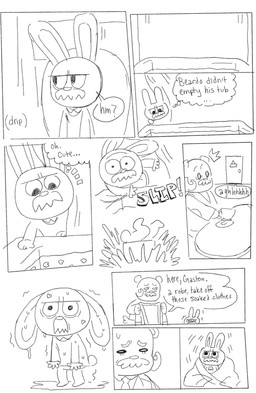 anthro chibi clothing duo facial_hair male mustache robe shirt sitting text topwear water wet cubert animal_crossing nintendo beardo_(animal_crossing) gaston_(animal_crossing) bear lagomorph leporid mammal rabbit 2020 comic english_text hi_res monochrome
