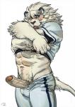 abs anthro baseball_uniform biped blue_eyes blush bodily_fluids bottomwear bulge butt clothed clothing clothing_lift ear_markings erection facial_markings foreskin fur genital_fluids genitals hair half-closed_eyes head_markings humanoid_genitalia humanoid_penis kemono looking_at_viewer male mane markings mascot muscular muscular_anthro muscular_male narrowed_eyes navel pants partially_clothed partially_retracted_foreskin penis penis_poking_out precum pubes shirt shirt_lift simple_background smile solo sportswear standing thick_foreskin tongue tongue_out topwear undressing uniform vein veiny_penis whiskers white_background white_body white_fur white_hair rossciaco nippon_professional_baseball saitama_seibu_lions leo_(saitama_seibu_lions) felid lion mammal pantherine