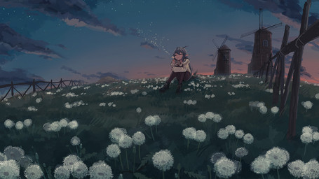 ambiguous_gender cloud dandelion detailed_background eyes_closed flower grass humanoid_pointy_ears night outside plant pointy_ears sitting solo star tail windmill deadflow mythology kuryuu_kohaku animal_humanoid dragon dragon_humanoid humanoid mythological_creature mythological_scalie scalie 2015 hi_res