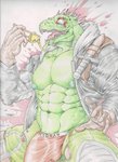 abs anthro biceps bulge clothing coat food gloves green_body handwear male muscular muscular_anthro muscular_male nipples pecs red_clothing red_underwear solo teeth topwear underwear 47reaperz dorohedoro kaiman_(dorohedoro) reptile scalie hi_res traditional_media_(artwork)