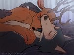 anthro antlers black_nose brown_body brown_fur cuddling duo eyes_closed fur grey_body grey_fur horn hug interspecies intimate lying male male/male nipples nude on_back predator/prey tsupunya beastars legoshi_(beastars) louis_(beastars) canid canine canis cervine deer mammal red_deer wolf hi_res