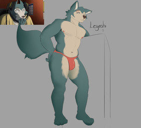 anthro barefoot biped blue_body blue_fur bulge clothed clothing feet fur grey_body grey_fur male male_anthro muscular muscular_anthro muscular_male navel nipples plantigrade red_clothing red_thong red_underwear scratch scratch_mark scratches simple_background solo standing text thong topless topless_anthro topless_male underwear white_body white_fur gabeccoon beastars legoshi_(beastars) canid canine canis mammal wolf digital_drawing_(artwork) digital_media_(artwork) reference_image