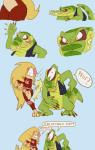 alligator alligatorid blonde_hair butt_slap claws comic contact_onomatopoeia crocodile crocodilian dialogue diddy_kong_racing dixie_kong donkey_kong_(series) english_text fangs female green_body green_eyes hair haplorhine hi_res impact_onomatopoeia kong kremling kritter_(kremling) krunch_the_kremling long_hair male mammal monkey nintendo onomatopoeia poof_effect primate rareware reptile rocker scalie shesamonkey slap sound_effects spanking speech_bubble teeth text