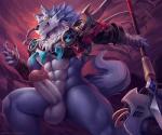 abstract_background anthro armor balls bottomless clothed clothing erection fur genitals holding_mace holding_object holding_weapon humanoid_genitalia humanoid_penis mace male melee_weapon muscular muscular_anthro muscular_male no_pupils penis solo weapon nurinaki sdorica law_(sdorica) canid canine canis mammal wolf 2019