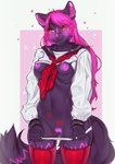 anthro blush bodily_fluids breasts clothing female flashing genital_fluids genitals hair lipstick makeup pink_hair pussy school_uniform solo uniform vaginal_fluids nenkoket in-ka_(morpheuskibbe) canid canine canis mammal wolf absurd_res hi_res