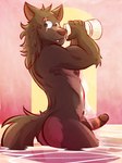 anthro bath bathing brown_body brown_fur butt erection fur genitals humanoid_genitalia humanoid_penis looking_back male nude penis solo ventkazemaru lyre_(visual_novel) lyall_(lyre) canid canine canis mammal wolf hi_res