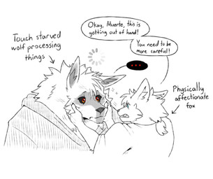anthro blood blood_on_face blue_eyes bodily_fluids bruised caressing caressing_face cheek_tuft claws cloak clothed clothing dialogue directional_arrow duo ears_back ellipsis eye_contact face_grab facial_markings facial_tuft fluffy frown fur fuzzy glistening glistening_eyes hair hand_on_face head_markings head_tuft holding_face inner_ear_fluff loading loading_spinner looking_at_another male male/male markings mask_(marking) neck_tuft one_ear_up open_mouth pivoted_ears poncho ponytail red_eyes shirt simple_background size_difference speech_bubble text thinking topwear tuft white_background worried harukaroto dreamworks puss_in_boots_(franchise) death_(puss_in_boots) haru_(haru_karoto) canid canine canis fox mammal wolf english_text monochrome