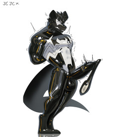 anthro balls big_penis black_latex bodily_fluids condom_suit cum cumshot ejaculation genital_fluids genitals latex male penis shaking solo tail trembling white_latex cxcxxcxxxx marvel venom_(marvel) canid canine mammal 2026 absurd_res hi_res