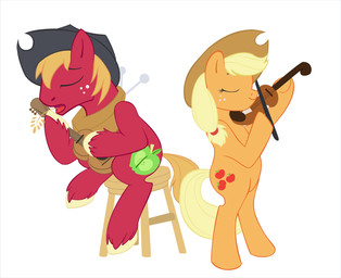 acoustic_guitar bow_(stringed_instrument) bowed_string_instrument clothing cutie_mark duo female feral fetlocks guitar hat headgear headwear holding_object male musical_instrument playing_guitar playing_music playing_violin plucked_string_instrument simple_background string_instrument tail violin white_background tenchi-outsuno friendship_is_magic hasbro my_little_pony applejack_(mlp) big_macintosh_(mlp) earth_pony equid equine horse mammal pony
