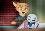 anthro detailed_background duo eyes_closed female fur grey_body grey_fur inside orange_body orange_fur bubblecop disney zootopia judy_hopps nick_wilde canid canine fox lagomorph leporid mammal rabbit red_fox true_fox 2021 hi_res signature