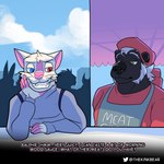 anthro duo_focus fangs food group heterochromia male male_anthro meat public teeth thekinkybear fernando_burr ralphie_bipurr bear black_bear domestic_cat felid feline felis mammal ursine 1:1 absurd_res hi_res