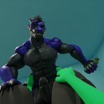 anthro black_penis blue_body bottle container duo genitals green_body hand_on_another's_thigh holding_object looking_at_viewer machine male male/male muscular nude penis smile dergdrister mythology drister_(dergdrister) dragon mythological_creature mythological_scalie protogen scalie