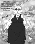 2016 accessory anthro belly bow_(feature) bow_accessory bow_ribbon clothing comic domestic_cat dress english_text felid feline felis female hair_accessory hair_bow hair_ribbon hi_res if_hell_had_a_taste jewelry mammal marci_hetson monochrome navel_outline necklace obese obese_anthro obese_female open_mouth overweight overweight_anthro overweight_female ribbons solo text thick_thighs viroveteruscy wide_hips