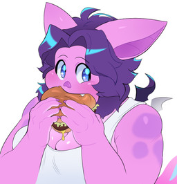anthro big_breasts blue_eyes blush breasts burger cleavage clothed clothing eating eating_food fangs female flapping_wings food food_in_mouth hair happy holding_food holding_object overweight overweight_anthro overweight_female pink_body purple_hair slightly_chubby slightly_chubby_anthro slightly_chubby_female small_wings solo teeth wings tentabat jerma985 tenta_(tentabat) bat mammal 2025 meme