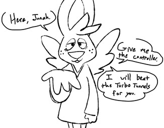 anthro clothed clothed_female clothing dialogue eyelashes feathered_wings feathers female freckled_face freckles long_eyelashes looking_at_viewer rabbit_ears smile solo talking_to_viewer wings the_weaver angel_hare the_east_patch angel_gabby angel hare lagomorph leporid mammal 2024 line_art monochrome