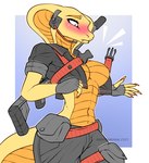 anthro blush breasts clothed clothing featureless_breasts female fingerless_gloves gloves gun handwear open_clothing open_topwear ranged_weapon rifle scales simple_background snake_hood solo topwear wardrobe_malfunction weapon yellow_body yellow_scales mashakseh keeva cobra reptile scalie snake 2021 comic hi_res signature