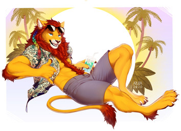 anthro arm_tuft beverage blue_eyes bottomwear brown_nose chest_tuft clothed clothing elbow_tuft fangs fur grey_bottomwear grey_clothing grey_shorts holding_beverage holding_object looking_at_viewer male mane muscular muscular_anthro muscular_male narrowed_eyes open_mouth open_smile palm_tree pattern_clothing pattern_topwear pecs plant red_tongue shorts smile solo sun teeth text tongue topwear tree tuft yellow_body yellow_fur azuza felid lion mammal pantherine 2020 artist_name dated full-length_portrait portrait