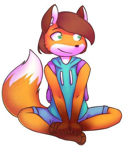 3_toes backpack barefoot bottomwear brown_hair clothing crossed_legs feet female fur green_eyes hair orange_body orange_fur shirt short_hair shorts simple_background solo t-shirt toes topwear white_background karandashnyy_chay foxtail foxtail_(video_game) leah_(foxtail) canid canine fox mammal compression_artifacts
