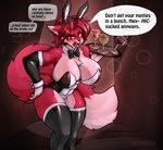 anthro big_breasts blush bodily_fluids breasts chest_tuft clothing drunk fake_ears fake_rabbit_ears female hair legwear leotard red_eyes red_hair solo stockings substance_intoxication sweat sweaty_breasts tail text thick_thighs tuft kiit0s regys_(carp) canid canine fox mammal absurd_res digital_media_(artwork) english_text hi_res