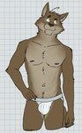 anthro biped black_claws brown_body brown_eyebrows brown_fur brown_nose bulge checkered checkered_background claws clothed clothing eyebrows eyewear fur glasses hand_on_hip head_tilt jockstrap looking_aside male male_anthro multicolored_body navel nipples partially_clothed partially_clothed_male pattern_background pink_nipples raised_eyebrow simple_background slim solo standing tan_body tan_fur underwear wearing_glasses white_background white_clothing white_sclera white_underwear yellow_eyes unsafescapewolf santa_lucia kane_akiyama_(santa_lucia) canid canine canis domestic_dog mammal wolf 2024 digital_drawing_(artwork) digital_media_(artwork) hi_res portrait three-quarter_portrait