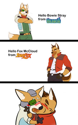 anthro belt black_bottomwear black_clothing black_gloves black_handwear black_nose black_pants blush blush_lines bodily_fluids bottomwear brown_body brown_fur chibi clothed clothing crossed_arms crossover_ship dialogue duo eyes_closed eyewear fangs french_kissing fur gloves green_bottomwear green_clothing green_eyes green_pants green_shirt green_topwear greeting hands_on_hips handwear headgear hug jacket kerchief kissing male male/male neckerchief neckwear pants red_clothing red_eyes red_jacket red_kerchief red_neckerchief red_topwear saliva shirt simple_background smile smug standing tail teeth teeth_showing text topwear whisker_spots whiskers white_background white_clothing white_jacket white_shirt white_topwear yellow_body yellow_fur ventkazemaru humble_games nintendo star_fox wild_blue yoshi_and_toad_kissing bowie_(wild_blue) fox_mccloud canid canine canis domestic_dog fox german_shepherd herding_dog mammal pastoral_dog absurd_res crossover digital_media_(artwork) english_text hi_res meme sequence