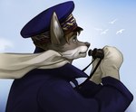 anthro binoculars clothing cloud coat dirigible flying gloves handwear male sailor_hat scarf sky solo topwear uniform thepimpartist canid canine fox mammal